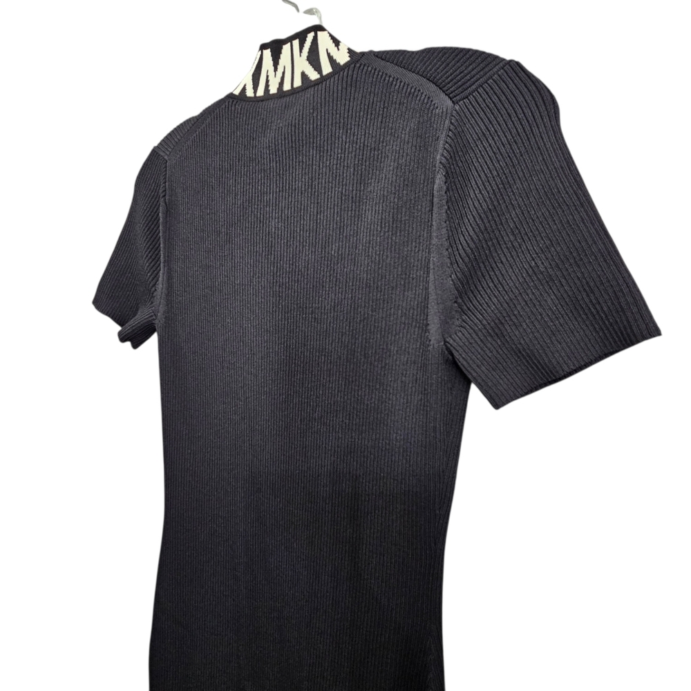 Nwot Michael Kors Black Ribbed Knit MK Logo Neckline Shortsleeve Zipfront Dress - Picture 16 of 17